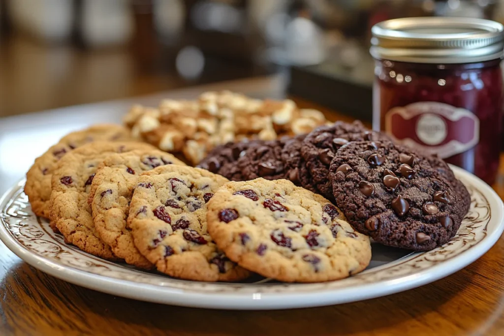 A plate featuring three types of applesauce cookies: oatmeal raisin, chocolate chip, and gluten-free with cranberries. The cookies appear soft and chewy, highlighting what applesauce does in baking cookies to enhance texture and moisture.