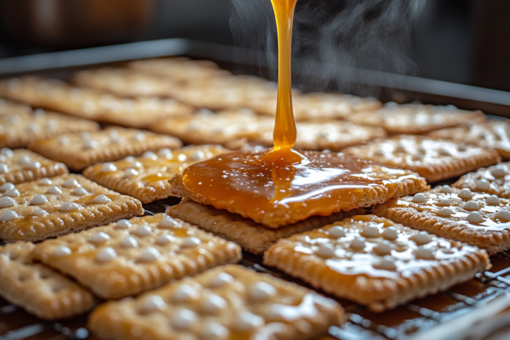 Caramel being poured over a layer of crackers on a baking tray