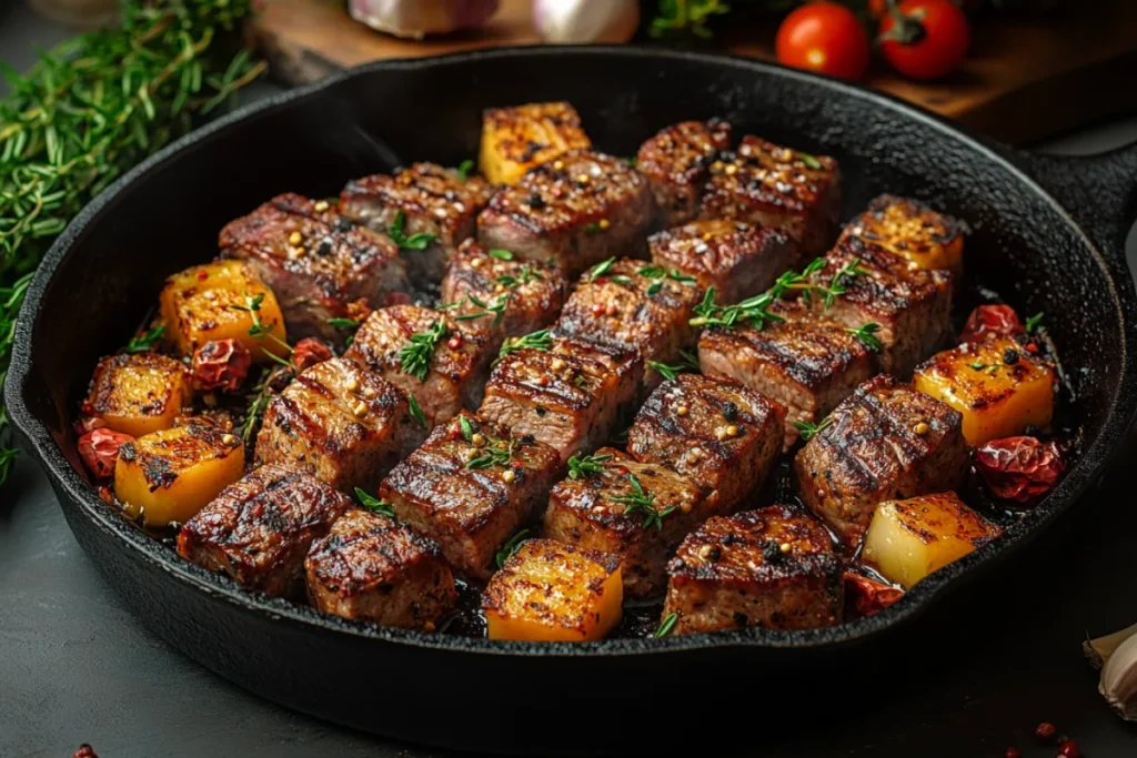 An illustration of the science behind browning meat, showcasing a cast iron skillet with golden-brown pieces of meat. The image highlights the Maillard reaction, caramelization, and fat rendering, emphasizing the importance of proper technique for effective browning in cooking. Aromatic herbs and vegetables surround the meat, illustrating the complex chemical processes that enhance flavor.