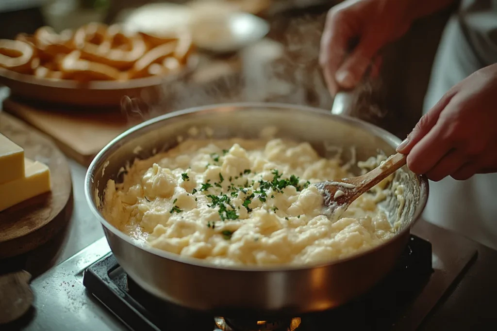 A cozy kitchen scene showing the preparation of pretzel cheese dip with ingredients like butter, flour, milk, and freshly grated cheese. The image highlights the process of achieving the perfect creamy texture for pretzel cheese dip, with a fondue pot and heat-retaining bowl ready for serving.