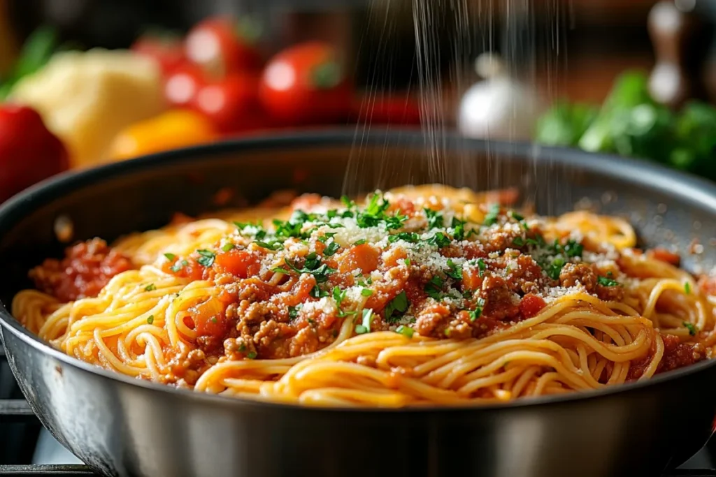 Preparing ingredients for a spaghetti casserole recipe, including boiling spaghetti, sautéing onions, garlic, and ground meat, adding marinara sauce, shredding mozzarella and Parmesan cheese, and chopping vegetables like bell peppers and zucchini, with fresh herbs like basil and parsley, all organized in a clean kitchen setting.