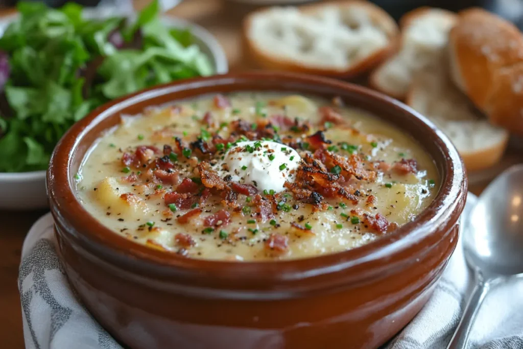 An image of a beautifully presented bowl of potato soup, garnished with crispy bacon crumbles, fried onions, fresh parsley, chives, and a dollop of sour cream, served with crusty artisan bread and a green salad, illustrating how to add flavor to bland potato soup through garnishes and presentation.