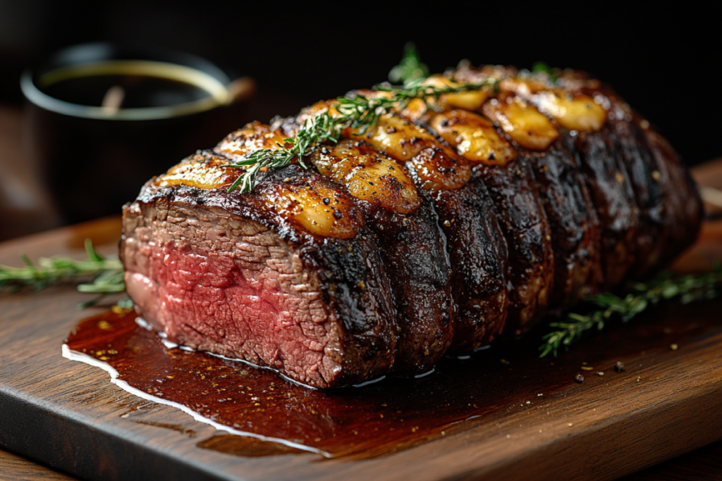 Perfectly seasoned prime rib roast on a wooden cutting board, surrounded by rosemary, thyme, coarse salt, and peppercorns, showcasing prime rib seasoning.