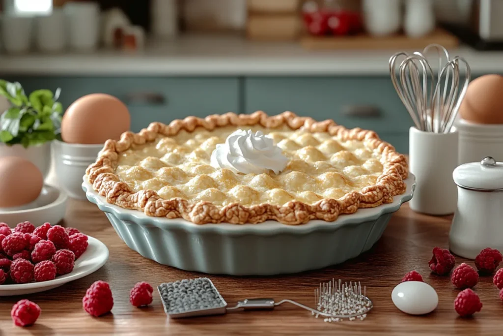Essential tools and ingredients for making the perfect buttermilk pie, including a reliable oven thermometer, pie dish, whisk, and fresh ingredients like eggs, buttermilk, and flour. This image showcases expert tips for ensuring a creamy, well-set pie and highlights the importance of following techniques to avoid common issues like 'Why is My Buttermilk Pie Watery.
