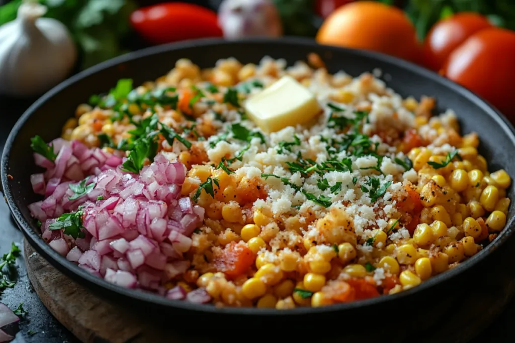 An image showing the preparation of corn casserole with pro tips for perfect corn casserole every time, including sautéing corn kernels, adding cheese, breadcrumbs, and vegetables, and preparing ingredients ahead of time to ensure a flawless dish.