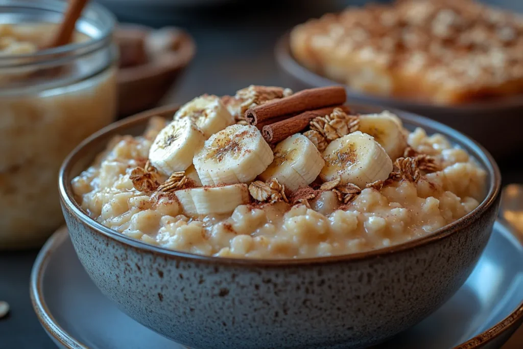 A close-up of various oatmeal dishes featuring applesauce, including a creamy applesauce oatmeal bowl, applesauce overnight oats in a jar, and a baked applesauce oatmeal square, showcasing how applesauce can be added to oatmeal in different ways.