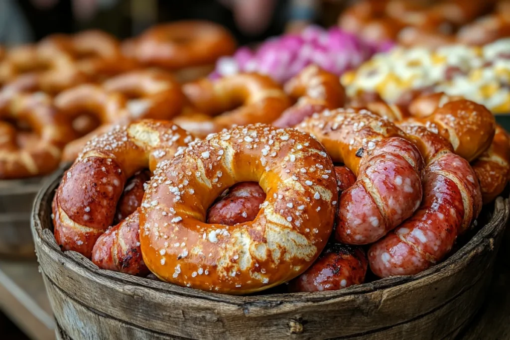 Regional variations of pretzels in Germany, featuring large Bavarian pretzels with soft interiors and crispy crusts served with Weißwurst and sweet mustard, alongside thinner Swabian pretzels and cheese-topped Käsebrezeln. The image captures the diverse culinary landscape of Germany, showcasing how regional traditions influence pretzel toppings and preparation. Do Germans put cheese on pretzels?