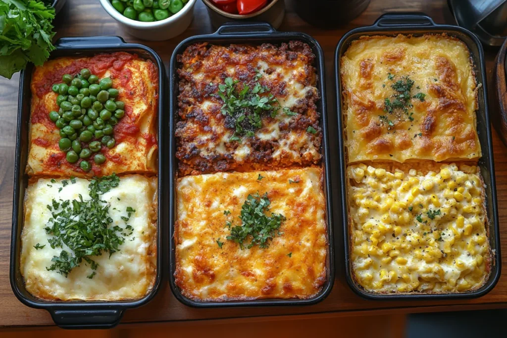 An image showcasing regional and cultural twists in casseroles, featuring an Italian-inspired lasagna, a Mexican-style casserole, an Asian fusion casserole, and a French-inspired potato gratin. Each dish highlights the unique ingredients and flavors from different cuisines, emphasizing the variety and creativity in casserole preparation.