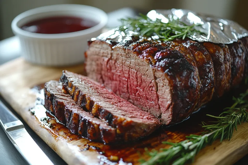 Rested and sliced prime rib, garnished with fresh rosemary and thyme, with a sharp carving knife and a rich red wine reduction on the side. The roast is covered with aluminum foil to retain heat, showcasing the juicy, tender slices ready for serving, emphasizing the importance of resting and slicing prime rib.