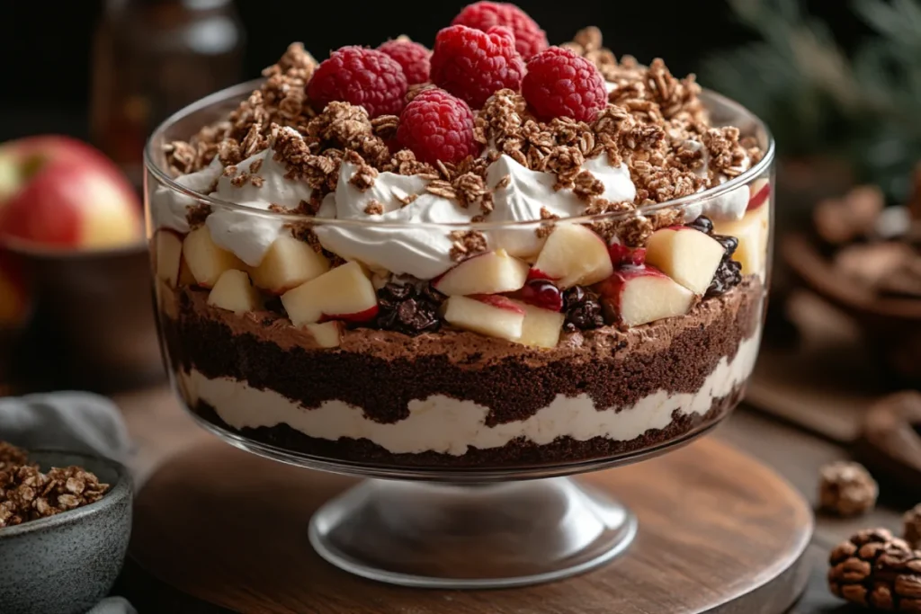 Various rich and creative substitutes for trifle sponges, including brownies, chocolate cake, gluten-free sponge cakes, vegan cookies, fresh fruits like apples and pineapple, granola, and meringue, layered in a trifle dish. The image highlights the texture variety and flavor combinations, showcasing decadent and light options as alternatives to traditional trifle sponges.