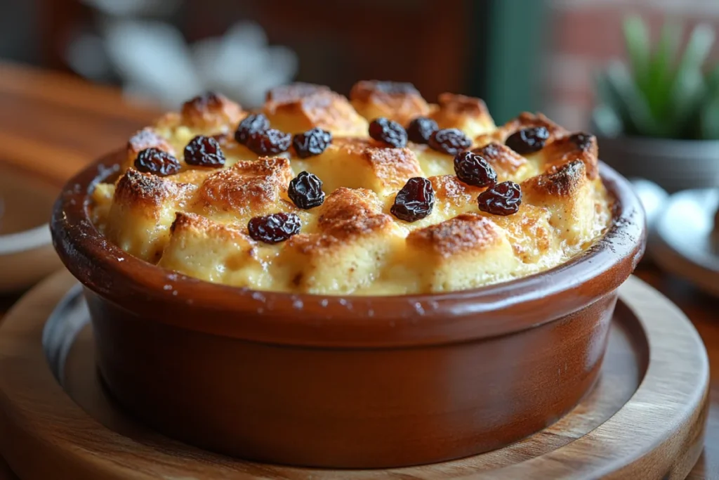 Risks of skipping refrigeration for bread pudding, showing uneven texture and flavor distribution, with dry patches, soggy layers, and poorly integrated add-ins like raisins and chocolate chips.