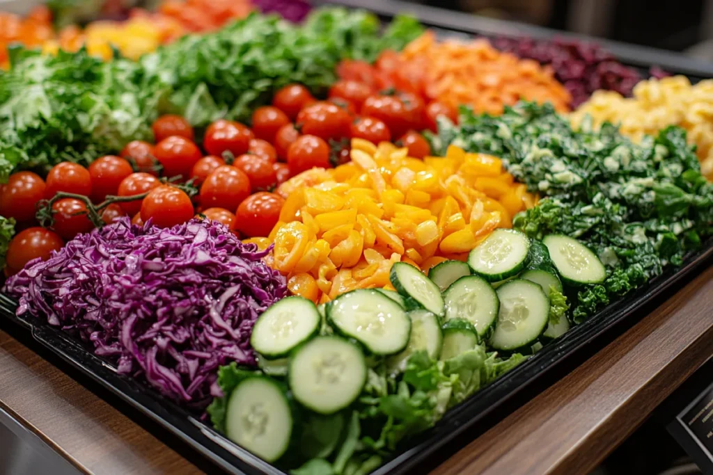 Fresh garden salad with greens, cherry tomatoes, cucumbers, and a light vinaigrette, creamy coleslaw, and a Caesar salad with romaine lettuce and Parmesan, all beautifully arranged as perfect options for what to serve with kielbasa soup.