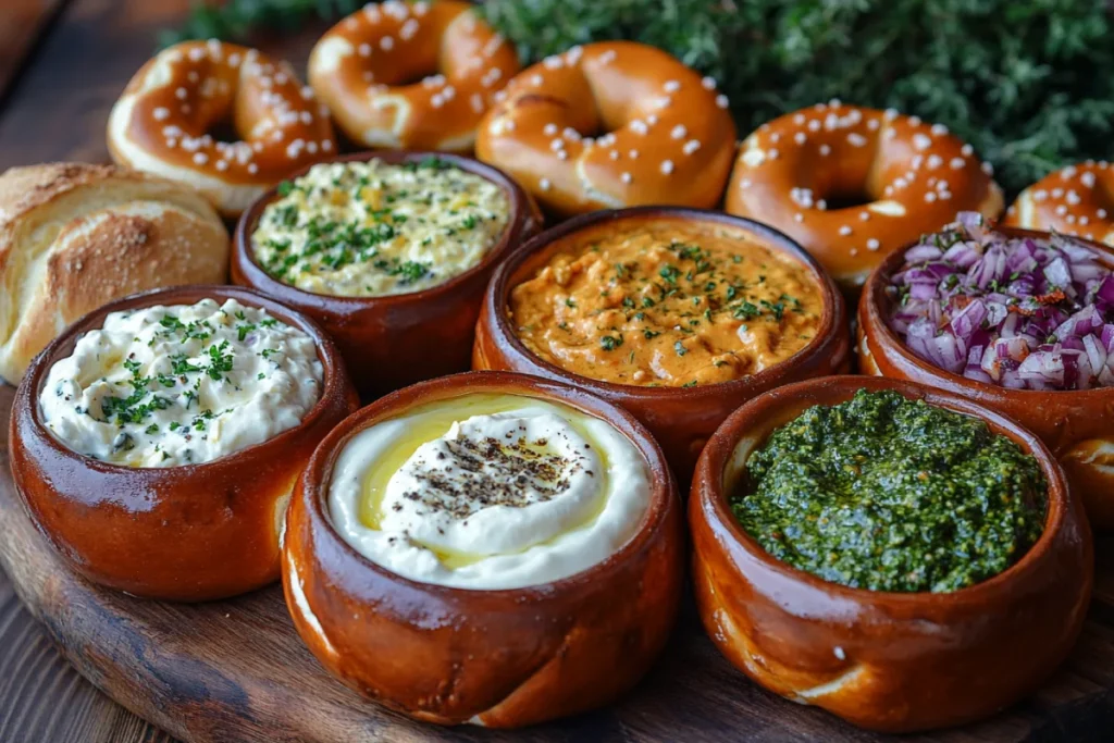 An assortment of savory dips for pretzels, including melted cheese sauce, beer cheese dip, queso blanco, honey mustard, spicy mustard, Dijon mustard, spinach and artichoke dip, ranch dip, and pesto dip, served with soft and hard pretzels. This variety of dips offers a delicious contrast to the salty crunch of pretzels, making it a perfect option for those wondering 'What Is Good to Dip Pretzels Into?