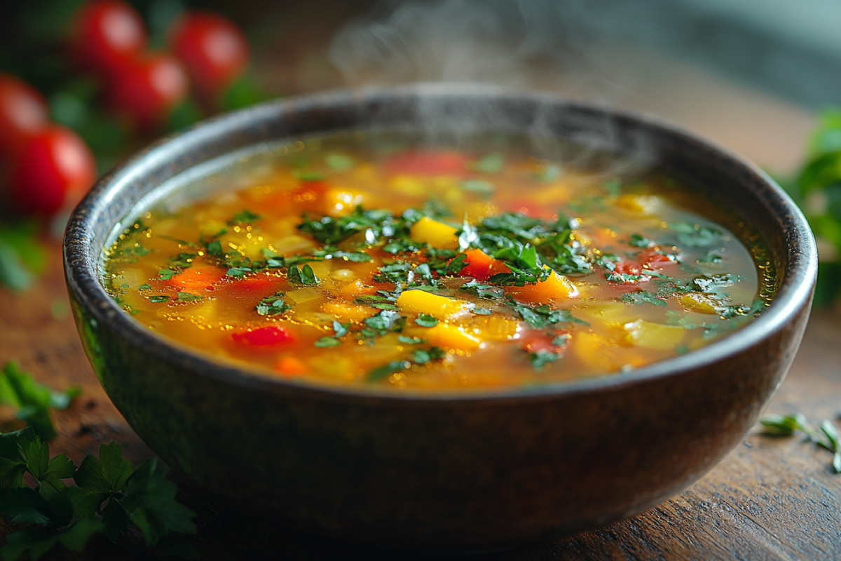 A steaming bowl of soup with vibrant vegetables and fresh herbs, showcasing the secret ingredient in soup that enhances its rich flavor.