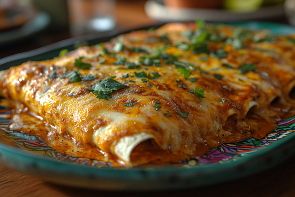 A plate of enchiladas showcasing the secret to good enchiladas, topped with melted cheese, fresh cilantro, and sauce, served with rice and beans.