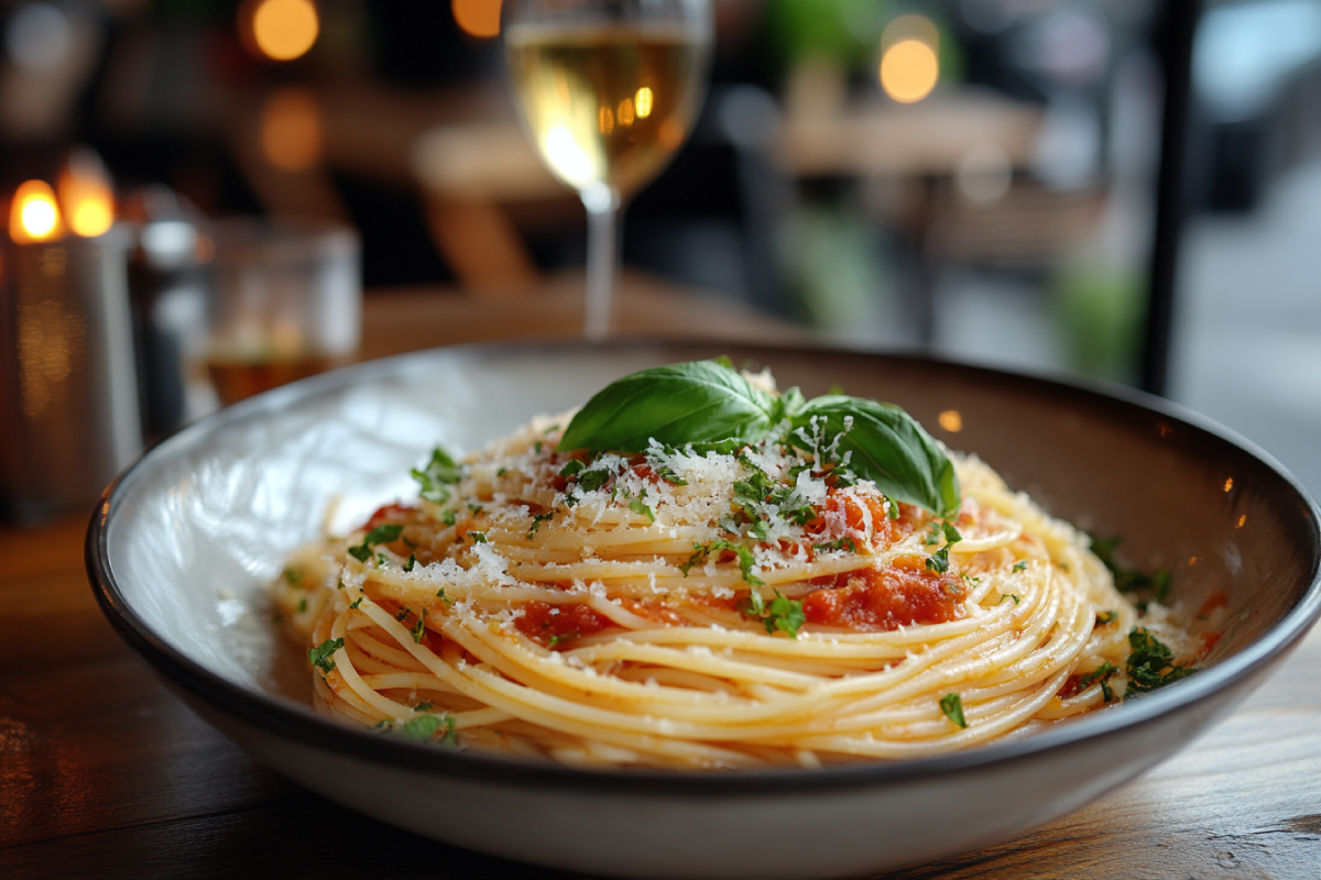 A perfectly plated spaghetti dish showcasing the secret to the best spaghetti, topped with rich tomato sauce, fresh basil, and grated Parmesan cheese.