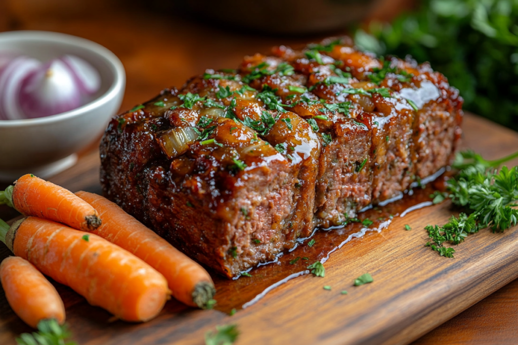 Juicy meatloaf sliced on a wooden cutting board, showcasing the secrets to juicy meatloaf with a tangy glaze and fresh vegetables in a rustic kitchen setting.