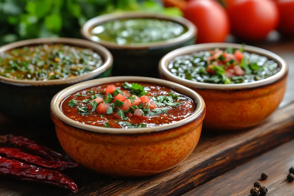 An assortment of three enchilada sauces on a rustic wooden table: red salsa roja with dried chilies and tomatoes, green salsa verde with tomatillos, green chilies, and cilantro, and mole sauce with chocolate and spices. The sauces are displayed in bowls with scattered dried chilies and fresh ingredients around them, showcasing the flavors and textures of different enchilada sauces.