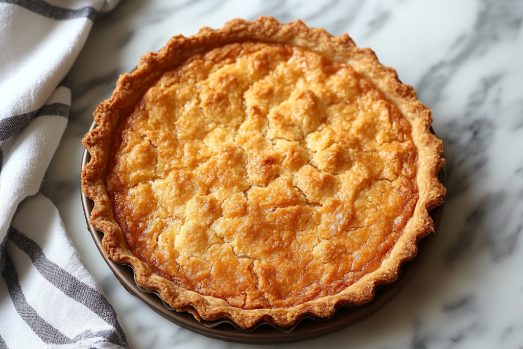 Top-down view of a golden-brown shortbread crust in a tart pan, showcasing its crumbly texture and perfect bake, ideal for desserts and tarts.