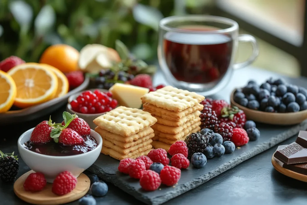 Close-up view of shortbread pairings and serving ideas, featuring buttery shortbread cookies paired with fresh berries, citrus slices, a cup of black tea, espresso, a glass of dessert wine, melted dark chocolate, and cheese, highlighting its versatility.