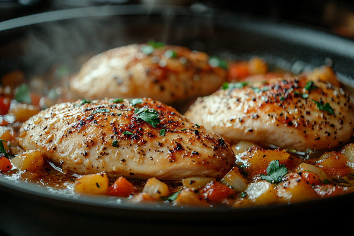 Golden-browned chicken breast in a skillet next to a slow cooker, illustrating the question: Should I brown chicken before adding to the slow cooker?