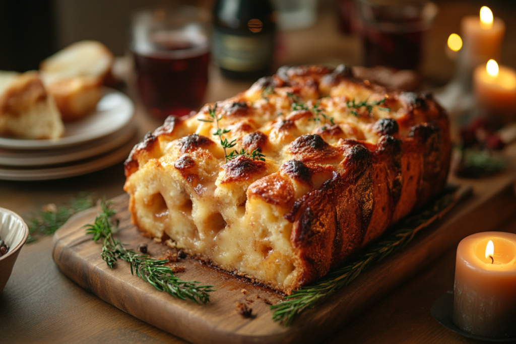 Freshly baked bread pudding surrounded by ingredients like milk, eggs, and cinnamon, illustrating the process of why bread pudding should be refrigerated overnight for better flavor and texture.