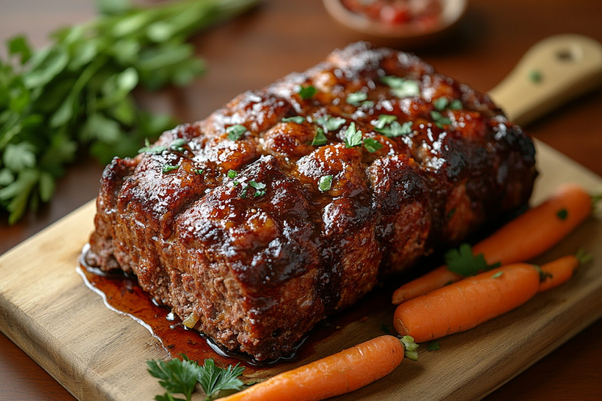 A perfectly baked meatloaf with a golden-brown crust, answering the question: should you bake meatloaf at 350 or 375, surrounded by fresh vegetables.