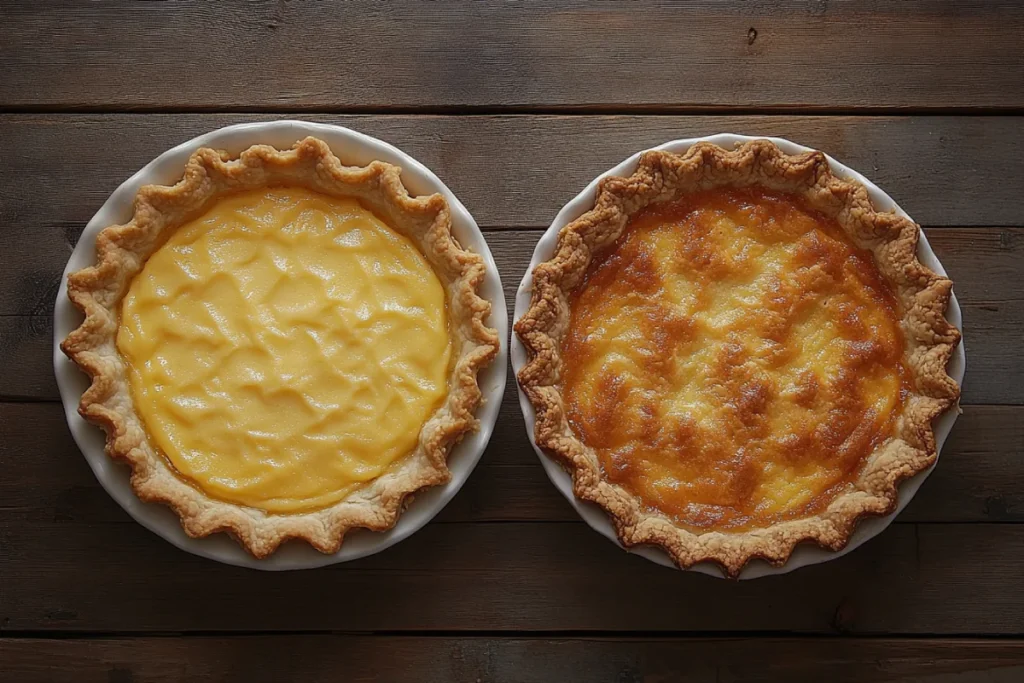 Chess Pie vs Buttermilk Pie displayed side by side on a wooden kitchen table, highlighting their shared ingredients and appearance. Both pies feature a creamy custard filling with a golden top and a traditional flaky pie crust. The image emphasizes the similarities in texture and presentation between these two Southern desserts.