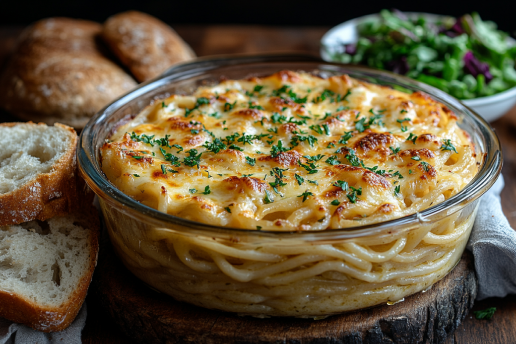 Freshly baked spaghetti casserole topped with golden melted cheese and parsley, served in a glass dish on a rustic wooden table with garlic bread and salad, showcasing the perfect spaghetti casserole recipe.