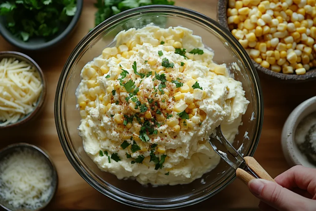 Step-by-step process of preparing corn dip with cream cheese. The image shows mixing cream cheese, mayonnaise, and shredded cheese, adding fresh grilled corn kernels, and seasoning with garlic powder, onion powder, and optional jalapeños. The mixture is transferred to a skillet or baking dish for baking.