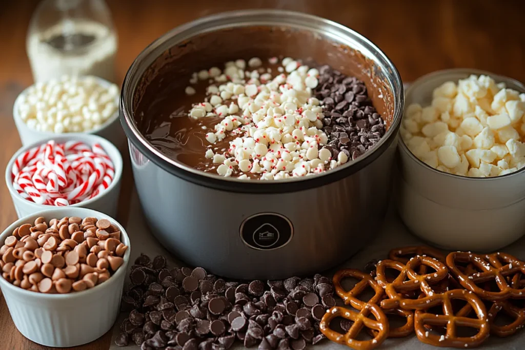 Step-by-step process of making Crockpot Christmas Crack with Pretzels, showing the layering of semi-sweet and white chocolate chips, peanut butter, and pretzels in a crockpot. The image captures the melting, stirring, and spreading of the mixture onto a parchment-lined baking sheet, decorated with holiday sprinkles and crushed candy canes, highlighting the process of creating Crockpot Christmas Crack with Pretzels.