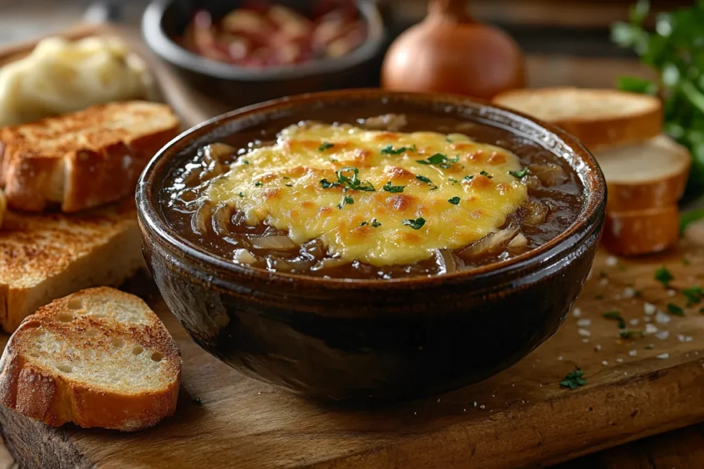 Step-by-step preparation of Julia Child's Favorite French Onion Soup, featuring caramelized onions in a pot, beef stock, white wine, toasted baguette slices, and a finished bowl of soup topped with melted Gruyère cheese and golden bread.