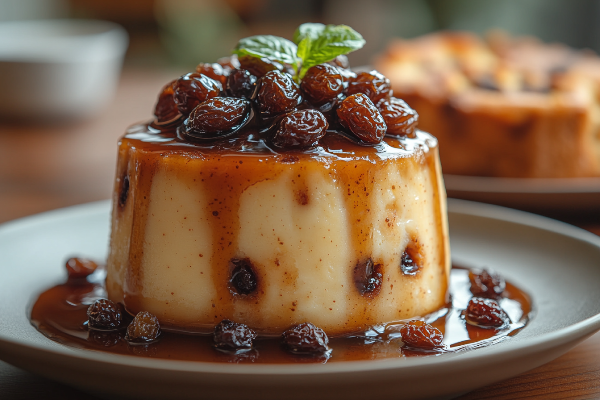 Sticky toffee pudding vs. bread pudding: A close-up of sticky toffee pudding with caramel sauce beside bread pudding with a golden crust and raisins on a wooden table.