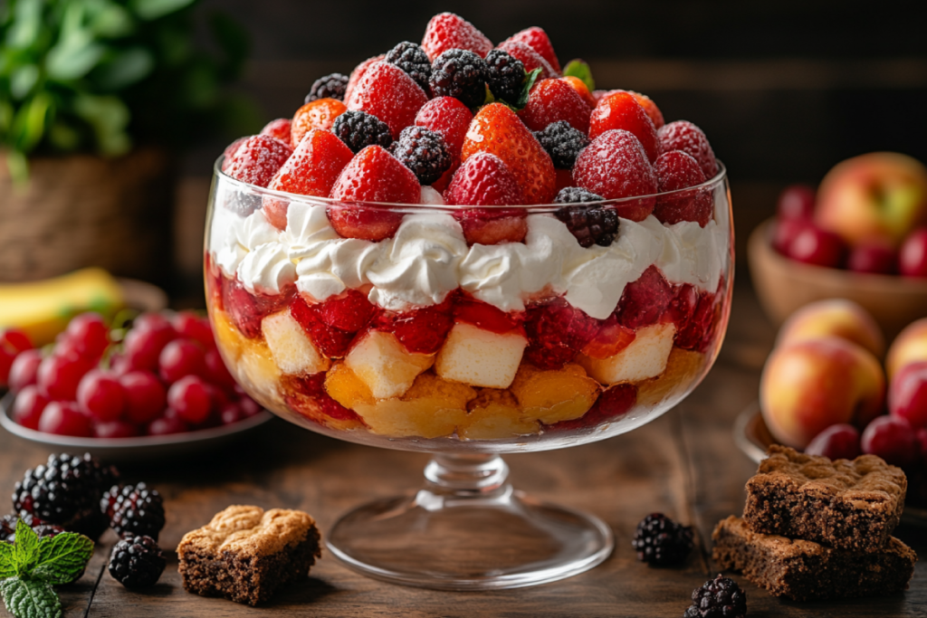 A colorful trifle dessert showcasing layers of custard, cream, fruits, and a substitute for a trifle sponge, served in a clear glass bowl.