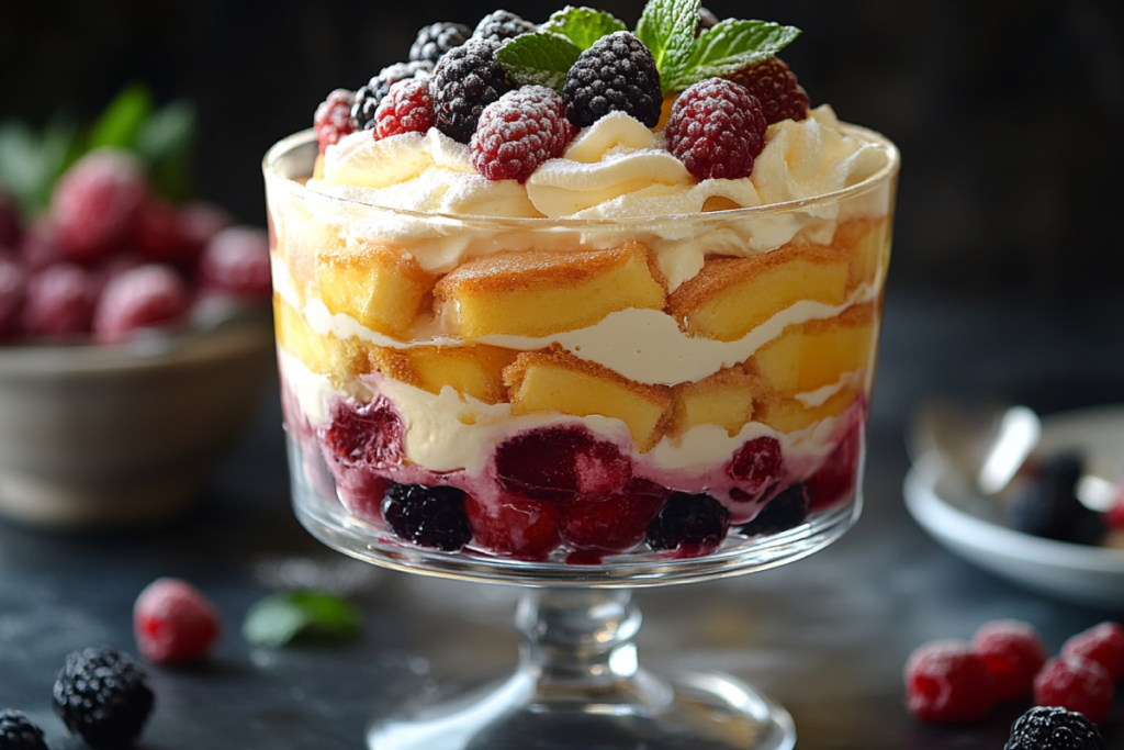 Layered trifle dessert with substitutes for trifle sponges, featuring vibrant layers of cake, fruit, custard, and cream, topped with fresh berries and mint.