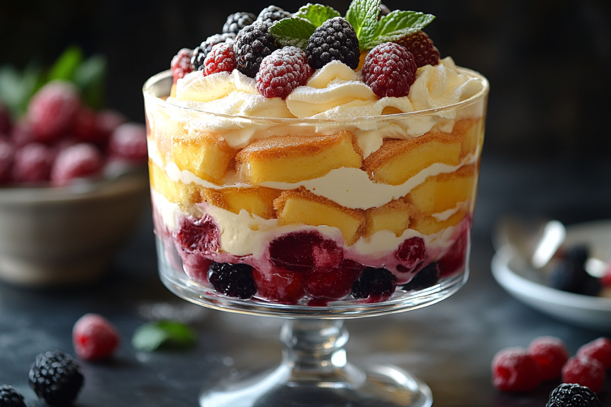 Layered trifle dessert with substitutes for trifle sponges, featuring vibrant layers of cake, fruit, custard, and cream, topped with fresh berries and mint.