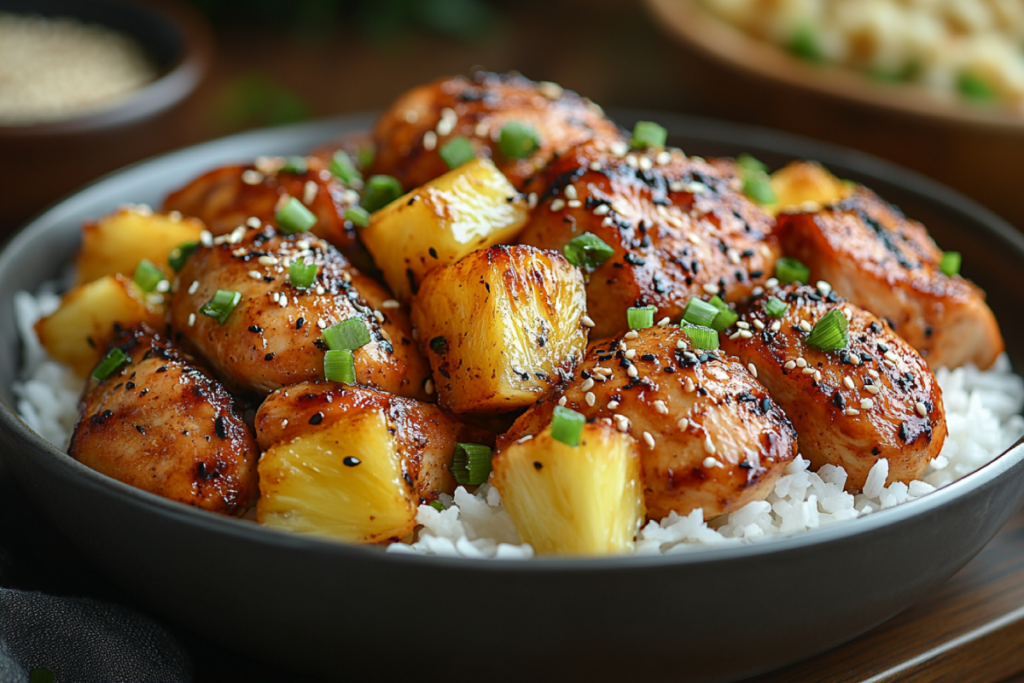 Sweet Hawaiian Crockpot Chicken served on a bed of rice, garnished with pineapple chunks, green onions, and sesame seeds, showcasing a tropical and flavorful dish.