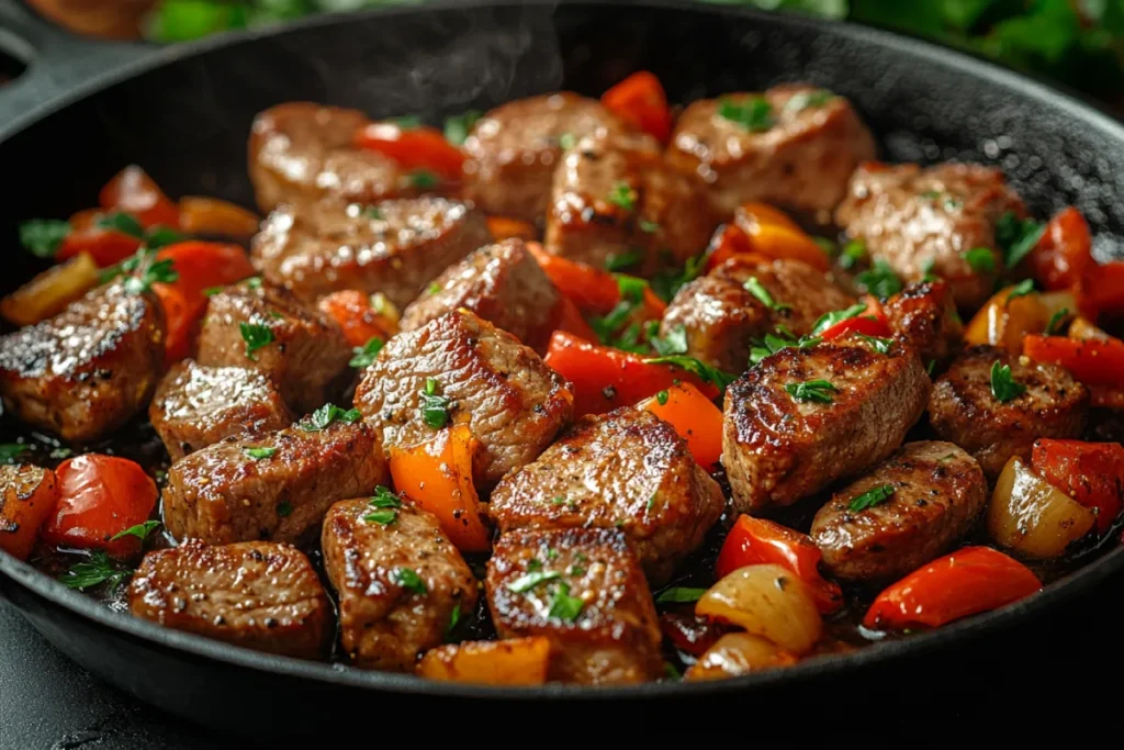 Cast iron skillet with golden-brown pieces of meat, perfectly browned using proper techniques for browning meat effectively. The pan is preheated with canola oil, showing the ideal cooking process for achieving a savory crust without overcrowding. The image highlights the importance of selecting the right pan and oil for optimal browning in cooking.