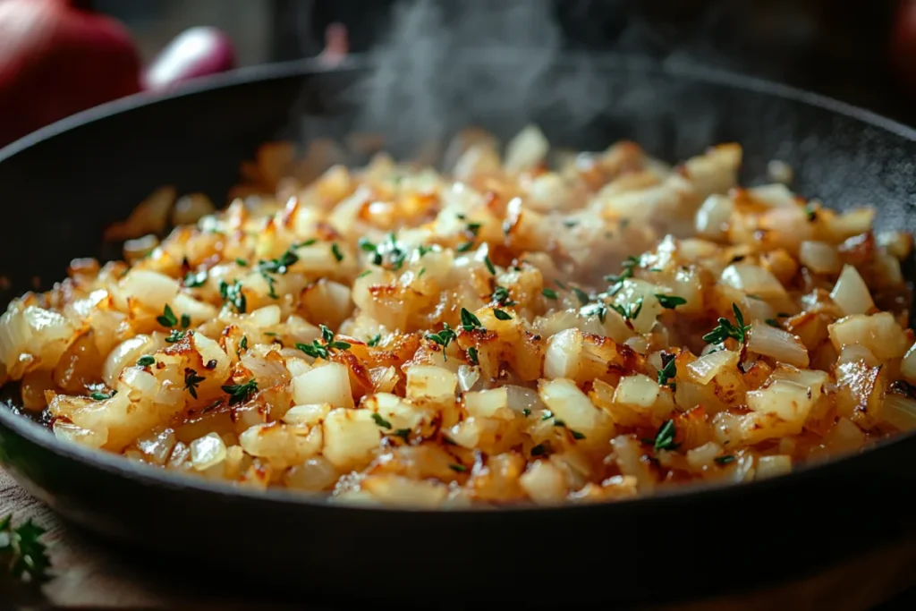 Finely chopped onions sautéing in a skillet, turning golden and soft, illustrating techniques for why cook onions before adding to meatloaf for enhanced flavor and texture.