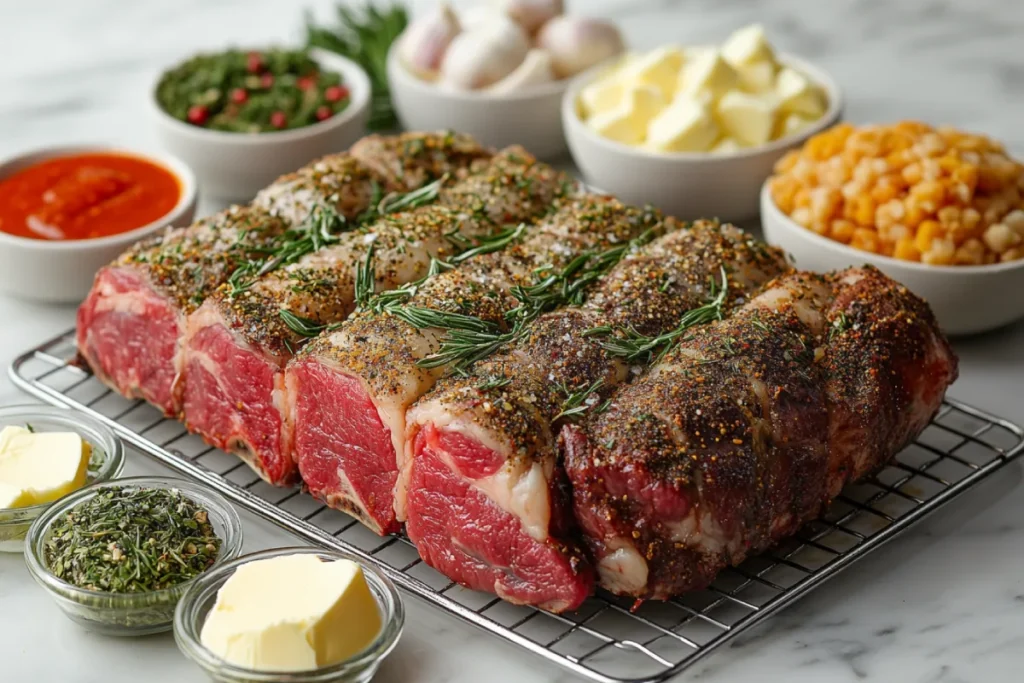 An assortment of techniques for seasoning prime rib, including applying a dry rub, massaging seasoning into the meat, and letting it rest for maximum flavor penetration. Ingredients like salt, herbs, and spices are evenly distributed on the meat, showing the process of creating a balanced and flavorful seasoning. The image emphasizes the importance of even coverage, marination, and creating a flavorful crust for prime rib seasoning.