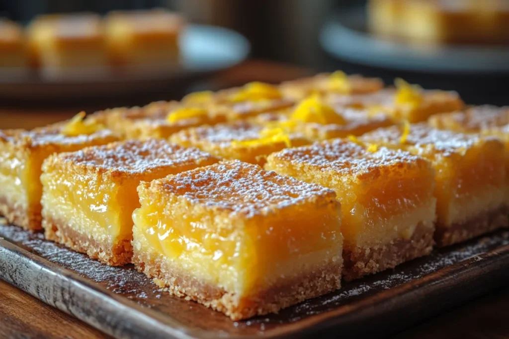 Close-up of a golden shortbread crust with a crumbly, dense texture, featuring a lemon tart and shortbread bars, highlighting the difference between pie crust and shortbread crust in dessert applications.