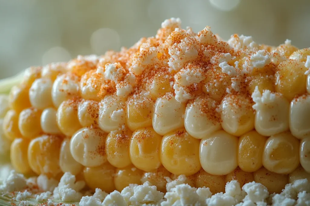 Close-up of Mexican street corn (Elote) with a creamy mayonnaise coating, crumbled cotija cheese, chili powder, and a squeeze of lime juice. The image highlights the contrast between the crisp corn kernels and the creamy, tangy, and spicy toppings, showcasing the vibrant textures and flavors of this iconic dish.