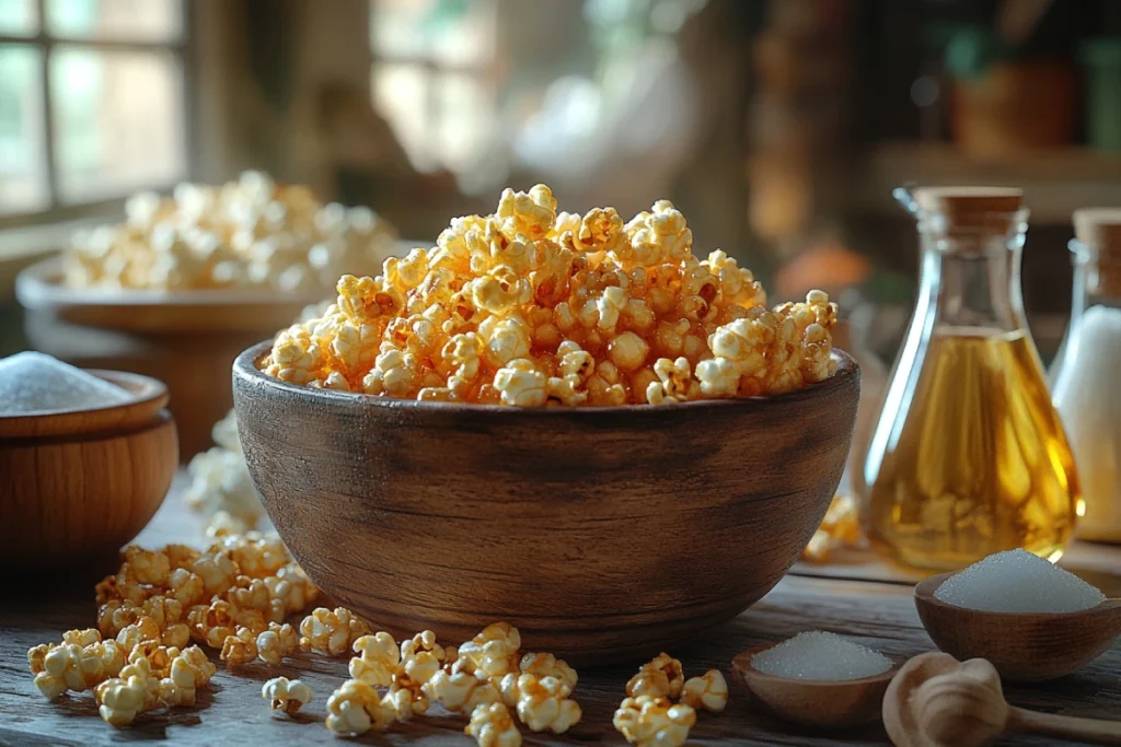 A rustic kitchen setup with a bowl of caramelized kettle corn, its glossy sugar coating glistening, surrounded by key ingredients like popcorn kernels, sugar, oil, and salt on a wooden counter, illustrating "What Gives Kettle Corn Its Flavor.