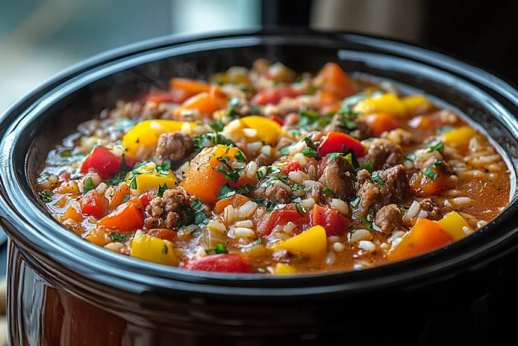 Close-up of a crockpot filled with hearty crockpot stuffed pepper soup, showcasing colorful bell peppers, rice, and meat blending together in a warm, cozy kitchen setting. The soup's ingredients are simmering, creating a comforting, Mediterranean-inspired dish.