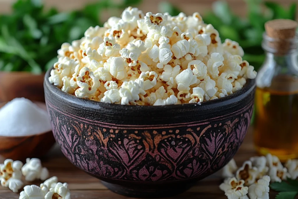 A close-up of caramelized kettle corn with its glossy sugar coating, surrounded by raw popcorn kernels, sugar, salt, and a bottle of coconut oil on a rustic wooden table, visually showcasing "What Gives Kettle Corn Its Flavor."