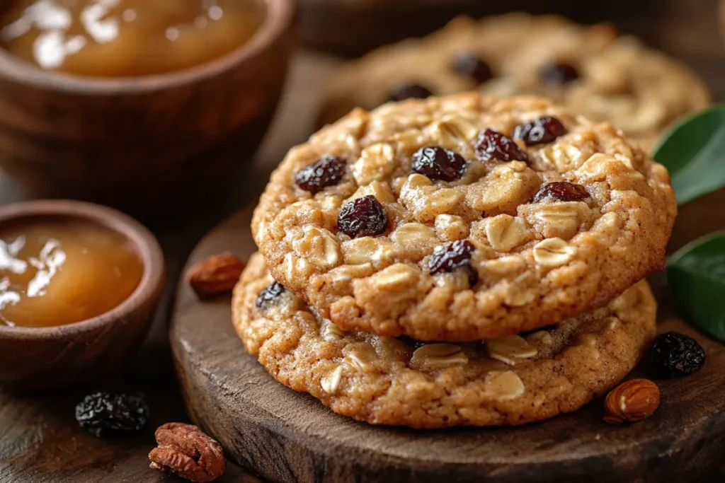 Freshly baked applesauce oatmeal cookies with a golden-brown color, soft and chewy texture, and a hint of cinnamon. A bowl of applesauce sits nearby, highlighting its role in making these delicious cookies healthier and more flavorful.