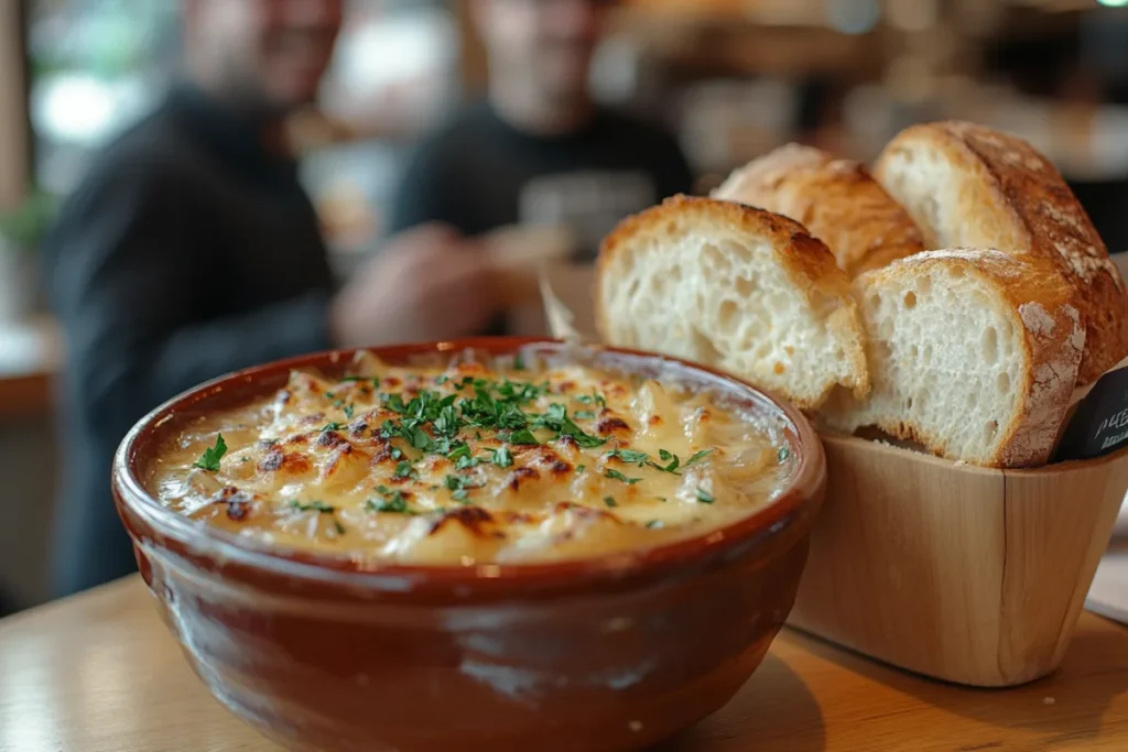A lively Panera Bread restaurant scene showcasing a bowl of Panera French Onion Soup, a fresh baguette, and a promotional menu celebrating its return after the Panera French Onion Soup removal. The warm, inviting atmosphere highlights the excitement of customers enjoying the iconic dish's comeback. Rustic decor and soft lighting emphasize the comforting appeal of the soup, with a promotional banner in the background reflecting Panera's responsiveness to customer feedback and nostalgia.