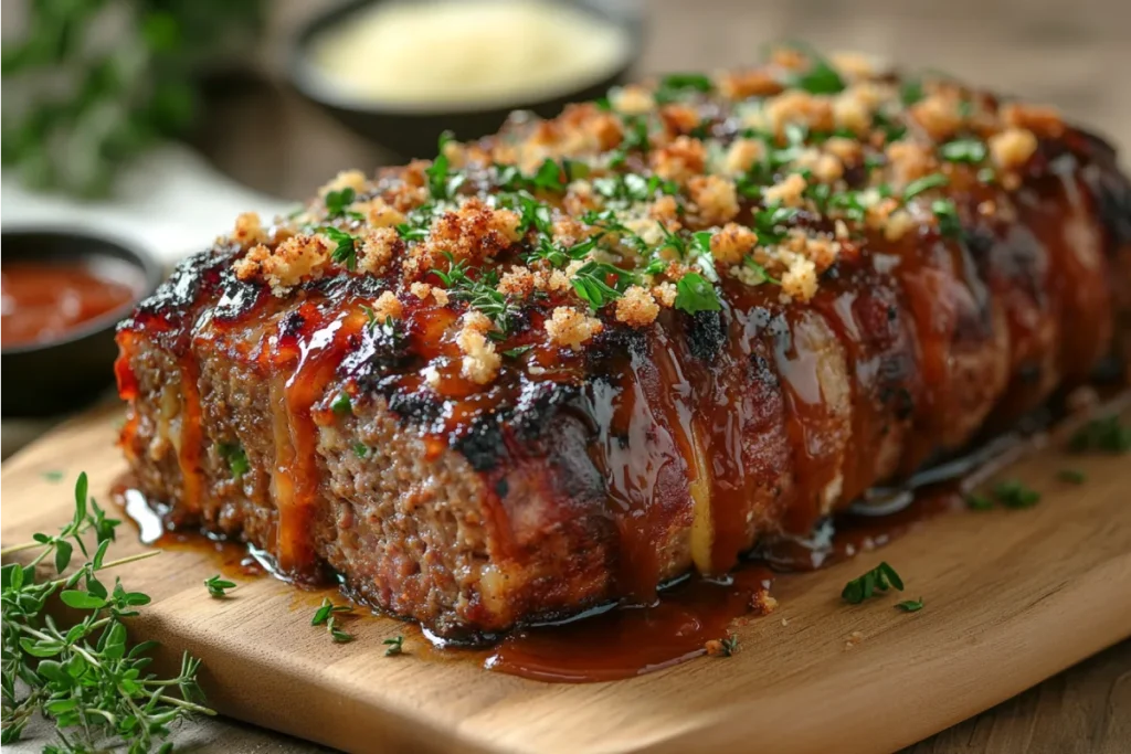 Juicy meatloaf with a variety of moisture-boosting add-ins and flavorful toppings, including sautéed vegetables, shredded cheese, crispy bacon, and a glossy glaze. The scene highlights the secrets to juicy meatloaf, showcasing the rich texture and creative add-ins like panko breadcrumbs and Parmesan for added flavor.