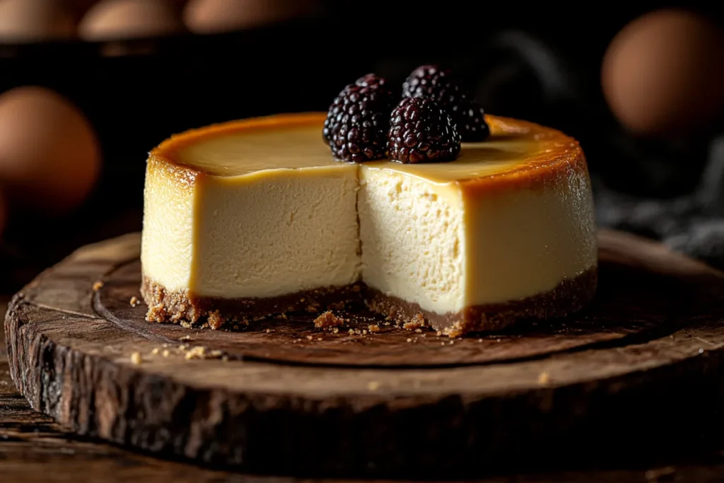An illustration showing the role of eggs in cheesecake, emphasizing how adding an extra egg to cheesecake affects its texture, binding, and richness. The image features a cheesecake with a smooth, creamy filling, eggs placed beside it, and a visual representation of the balance between egg yolks and whites.