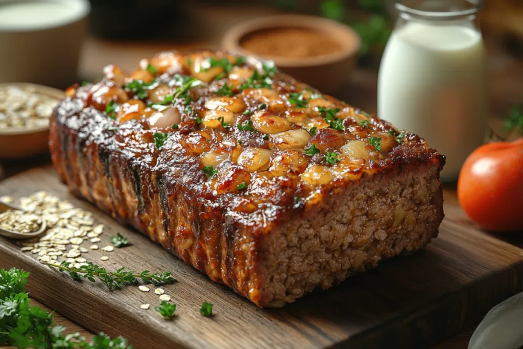 Realistic close-up of a freshly baked meatloaf on a rustic kitchen counter, surrounded by ingredients like milk, broth, breadcrumbs, and oats. The image highlights the role of liquids in meatloaf, showing how they help retain moisture, bind ingredients, and enhance flavor. The tender, juicy meatloaf is placed in a warm, cozy kitchen setting with soft lighting, emphasizing its texture and the importance of liquids in achieving a perfect meatloaf.